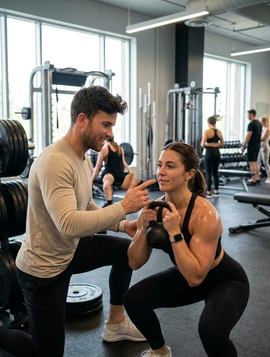 Illustrative image of a personal trainer coaching a client through a kettlebell goblet squat